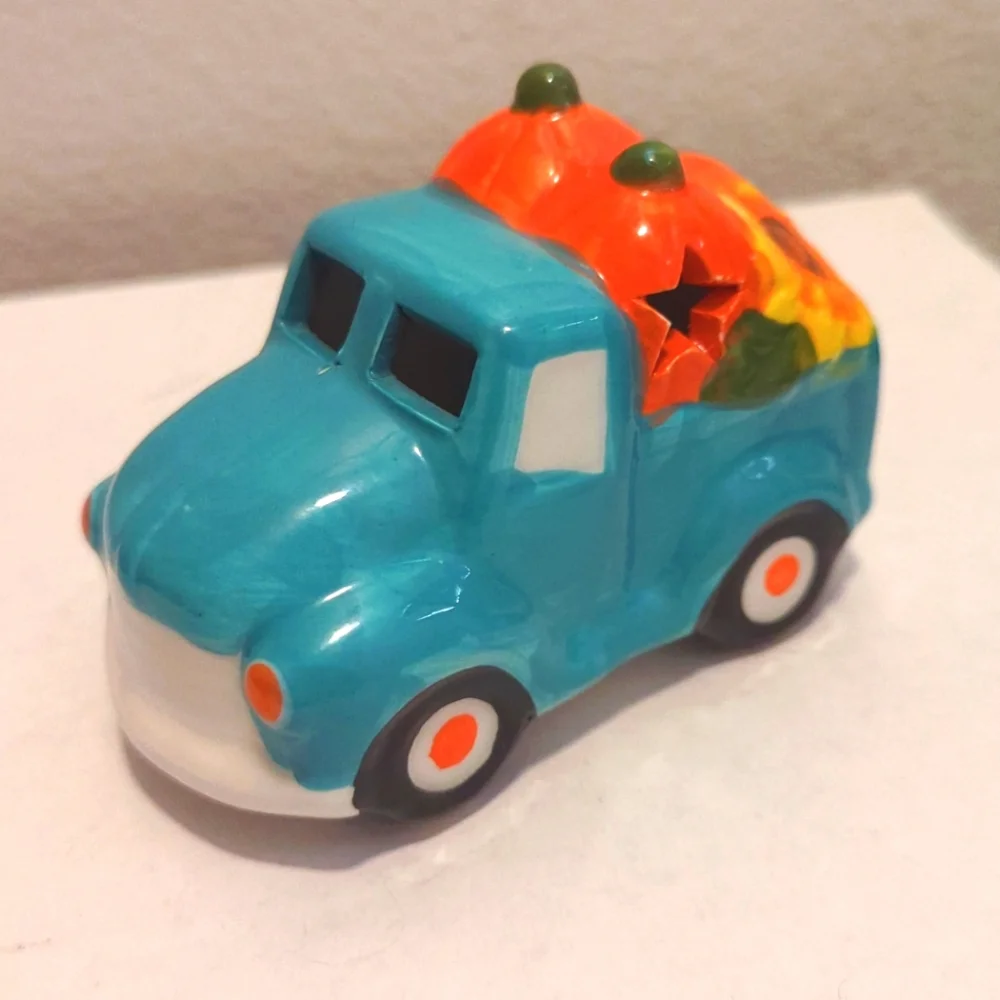 Teal Ceramic Truck with Pumpkins